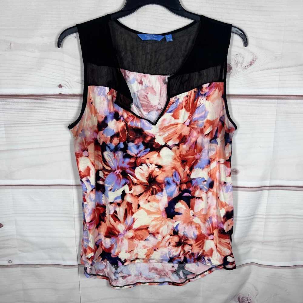 Simply Vera Vera Wang Tank Top Women XL Multicolor Floral Sheer Yoke Blouse Boho